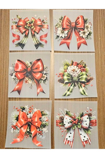 Patiska Tasarım 6 Adet Yılbaşı Fiyonk DTF Baskı 7 cm – Kıyafet, Jüt İp ve Jüt...