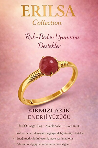 Erilsa خاتم معتمد لتوازن الروح والجسم - حجر العقيق الأحمر قابل للتعديل، علامة...