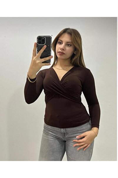 peri tower New Product Women's Front Cross Detail V-Neck Sandy Fabric Long Sl...