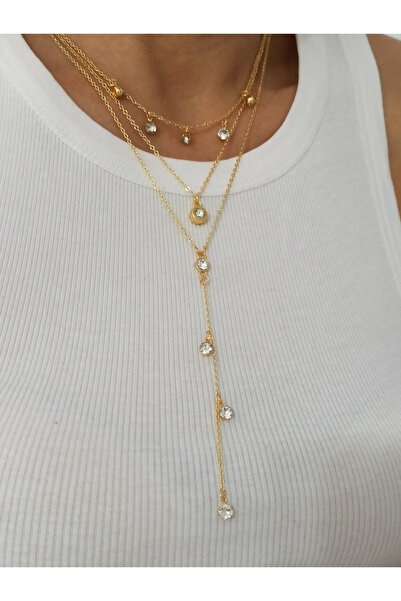 DENİZDENAL Y Necklace Multi Style 3-Piece Crystal Necklace Gold
