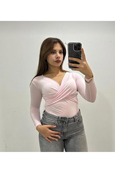 peri tower New Product Women's Front Cross Detail V-Neck Sandy Fabric Long Sl...