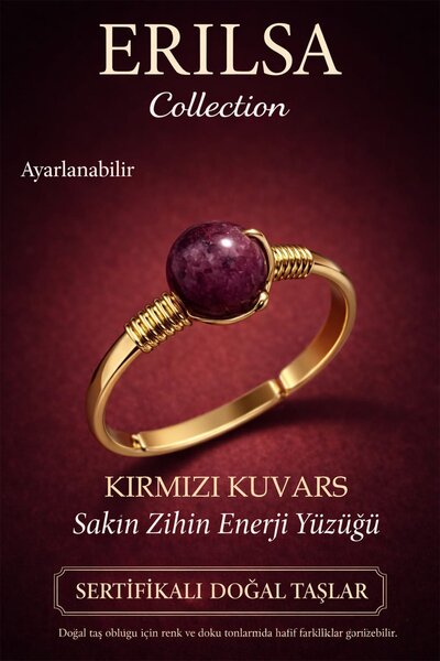 Erilsa خاتم الطاقة الهدية المعتمد – حجر الكوارتز الأحمر قابل للتعديل ذهبي رفي...
