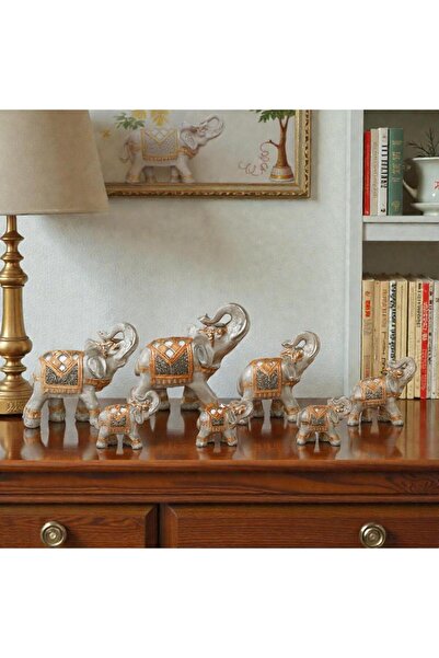 ELSELİFE Lüks İşlemeli Feng Shui 7’li Bereket Fil Biblo Seti Dekoratif Ev Ofi...