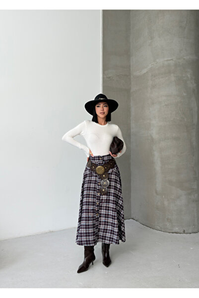 Rabi Shine Women's Buttoned Long Plaid Patterned Skirt