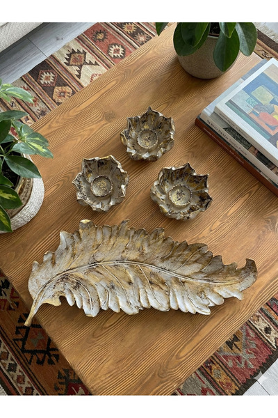 Dekoromi Yaprak İçinde 3'lü Lotus Mumluk 42x18cm - Vizon Renk Dekoratif Salon...