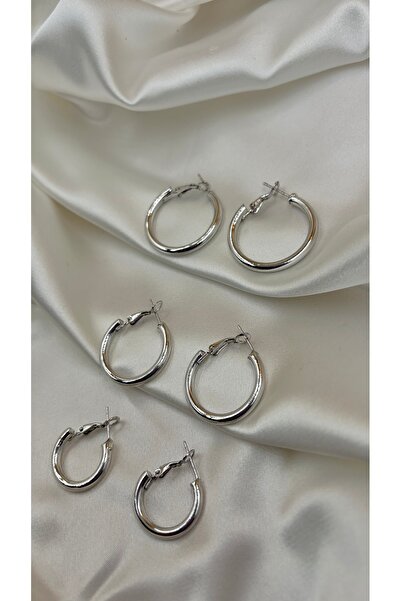 Eylülün Takısı Women's Silver Color Three Pairs Three Different Sizes Hoop Ea...