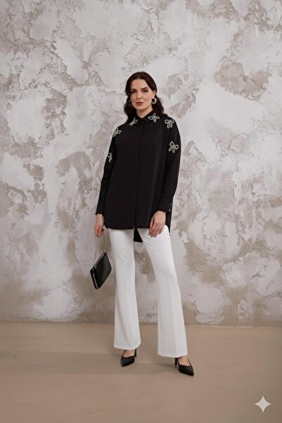 Moodbasic Cotton Satin Shirt with Bow Stone Decoration