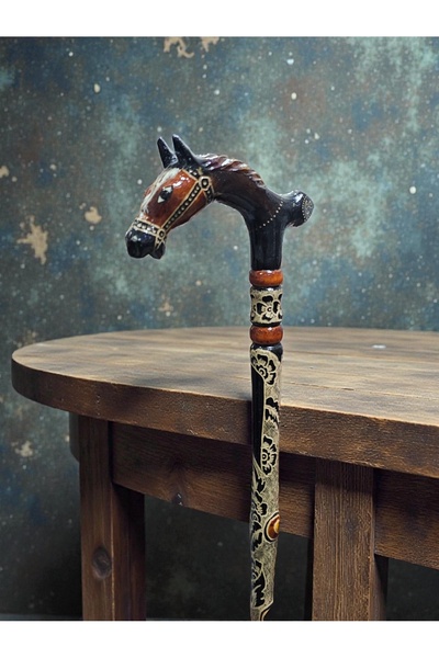 AHŞAPCİTY Özel İşlemeli At figürlü De Devrek Bastonu (kızılcık ağacı)