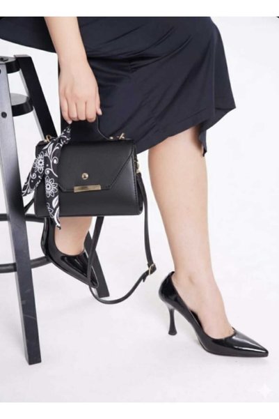 nuvilo Black Patent Leather Women's Bag with Gift 9cm Belt Pointed Toe Stiletto Thin Heels Women's Shoes