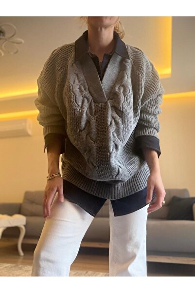 Modamistik Butik Denim Shirt Collar Knitwear Sweater