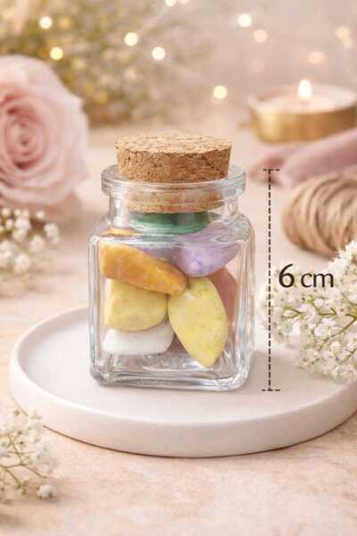 Şirin Dekoratif Mantar Tıpalı Kare Cam Şişe - Renkli Doğal Taşlı Hediyelik (6...