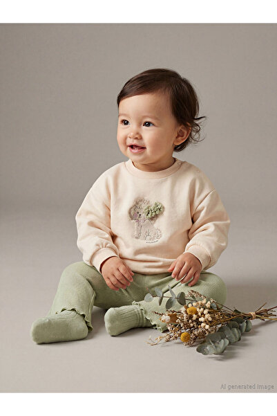 LC Waikiki Lcw Baby Beige Crew Neck Printed Baby Girl Sweatshirt and Leggings