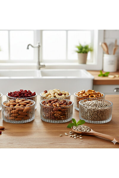 Kristella 6'lı Dikey Çizgili Cam Çerezlik Seti - Modern Sosluk Ve Reçellik Ta...