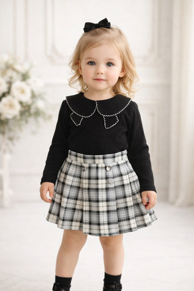 Ministil-bebeğinizin ilk stili Kız Çocuk Şort Etekli & Yakalı Bluz 2'li Takım