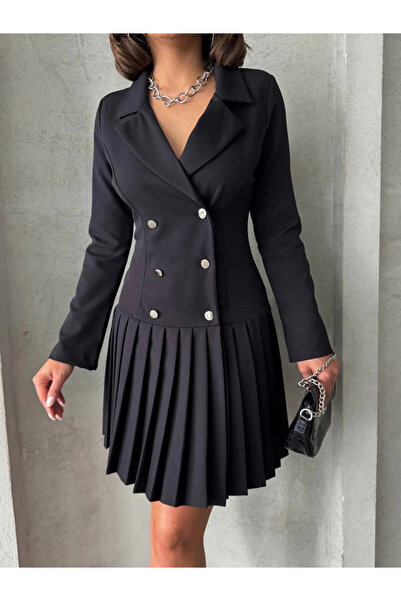 ZENGEZUR MALL Mtxdpn Six-Fold Pleated Long-Sleeved Jacket Dress Black S255016...