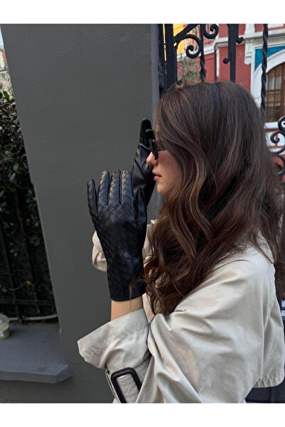 Tina İstanbul Knitted Patterned Women's Leather Gloves Black