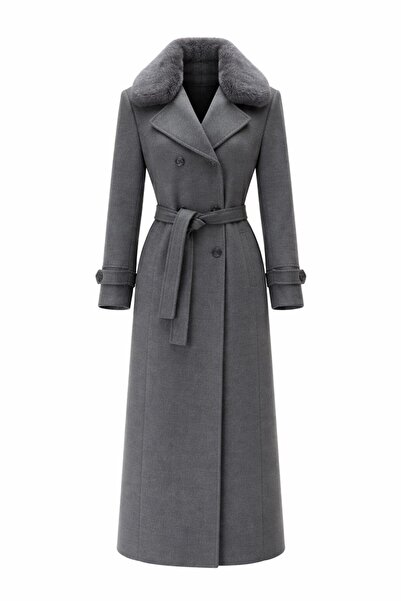 ESİN GİYİM Kürk Yakalı Kruvaze Kaşe Manto- Old Money Tarz