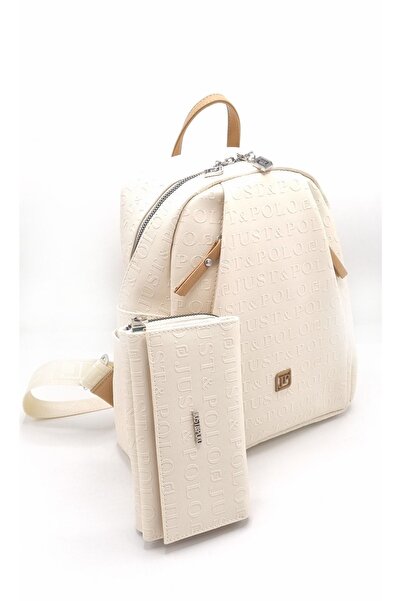 Just Polo JP مجموعة حقيبة ظهر ومحفظة مطبوعة منقوشة باللون الكريمي للسيدات