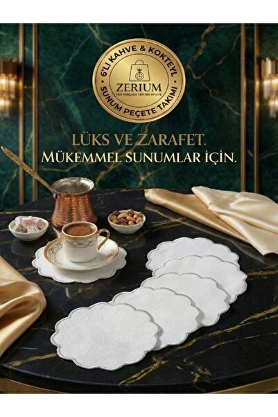 ZERİUM Premium 6’lı Kokteyl ve Kahve Altı Sunum Peçetesi Gümüş Nakış Serisi