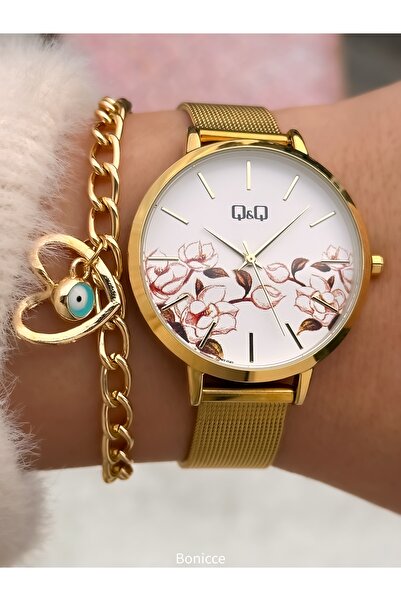 Q&Q Women's Watch-Flower Model, Yellow Color Steel Mesh Band, Bracelet