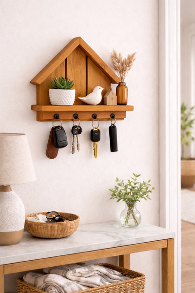 Holly Touch Doğal Masif Ahşap Anahtar Askılığı –Duvar Rafı-Ev Modeli Dekarasy...