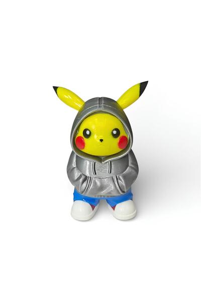 PurpleJam Urban Pikachu Figür – Sokak Stil Gümüş Renk Kapüşonlu Karakter Tasa...