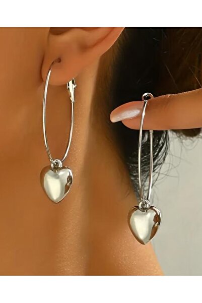 KANERUZ Silver Color Heart Detailed Hoop Earrings