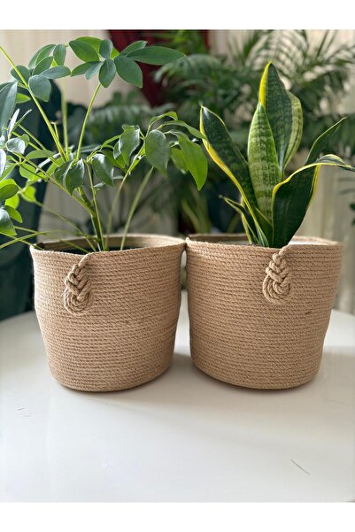 Nev Design 2'li Pipa Düğüm Detaylı Jüt, Hasır Saksılık 20x20