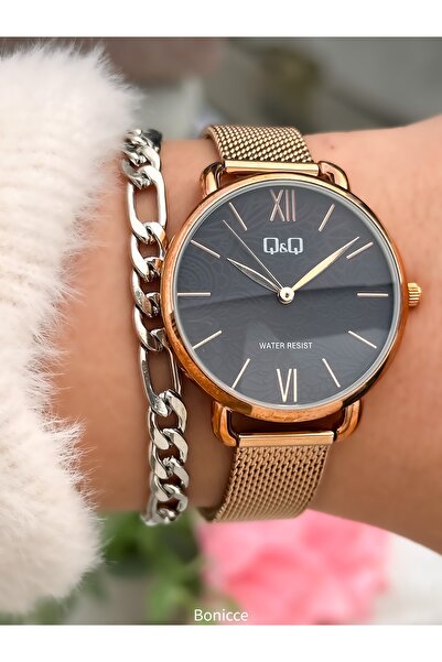 Q&Q Gift Women's Wristwatch Rose Color Steel Band, Black Dial, in Stylish Gif...