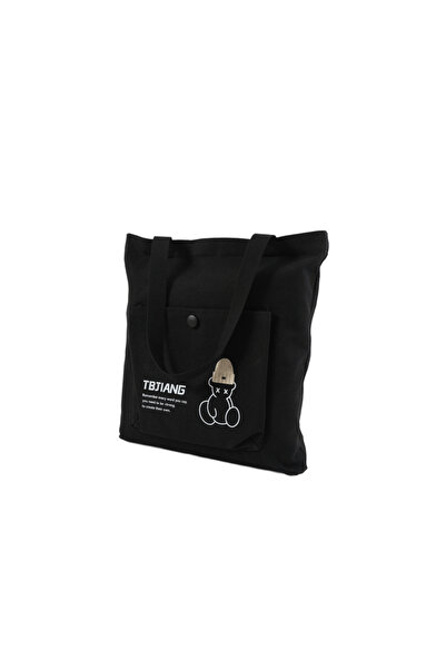 Midi Women's Black Canvas Shoulder Bag with Bear Design