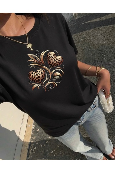 FUFLUNS Leopae Heart Flower Printed Oversize T-Shirt
