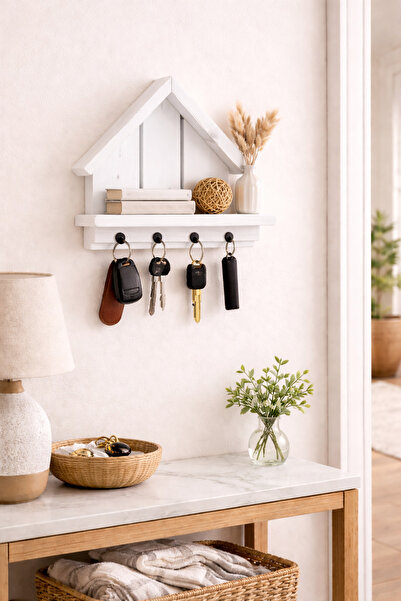 Holly Touch Doğal Masif Ahşap Anahtar Askılığı –Duvar Rafı-Ev Modeli Dekarasy...