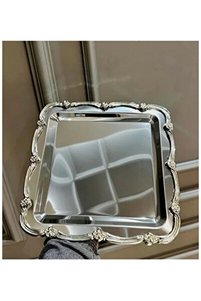 Keopsantique home صينية مربعة من الفولاذ المقاوم للصدأ مع شريط وردي