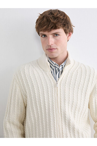 LC Waikiki Ecru Standard Fit Stand Collar Wool Blend Men's Knitwear Cardigan