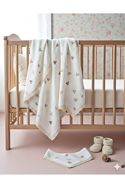 Mufincollection Double Layer 100% Cotton Heart Embroidered Muslin Baby Blanke...