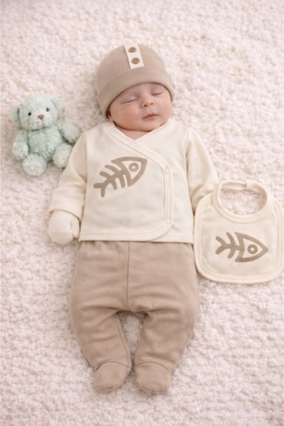 Superbaby Set Serde Baby cu imprimeu pești – 5 piese din bumbac, maro