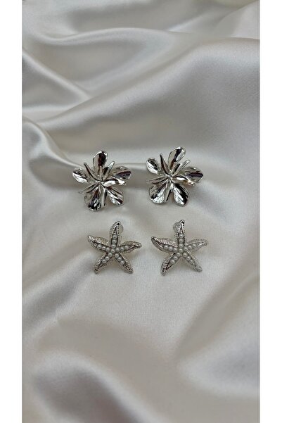 Eylülün Takısı Women's Silver Color Set of 2 Flower and Starfish Earrings