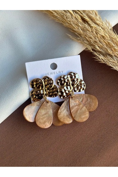 Atelier Çağla Gold Light Brown Pearlescent Design Dangle Women's Earrings