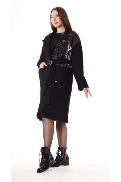 shE tekstil 3 Thread Cotton Appliqued Sequined Coat