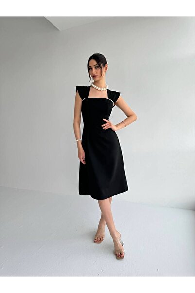 İZYA Women's Black Square Neck Pearl Detailed Midi Evening Dress