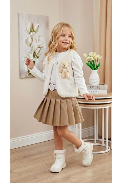 zavera for kids Girl's Teddy Bear Detailed 4-Piece Set - Plush Vest Leather S...