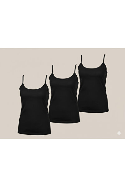GÜMÜŞ Cotton Stretch Fabric Black String Strap Women's Undershirt 3-Pack