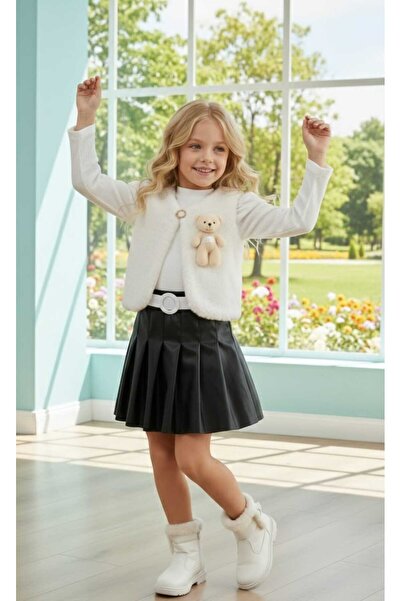 zavera for kids Girl's Teddy Bear Detailed 4-Piece Set - Plush Vest Leather S...