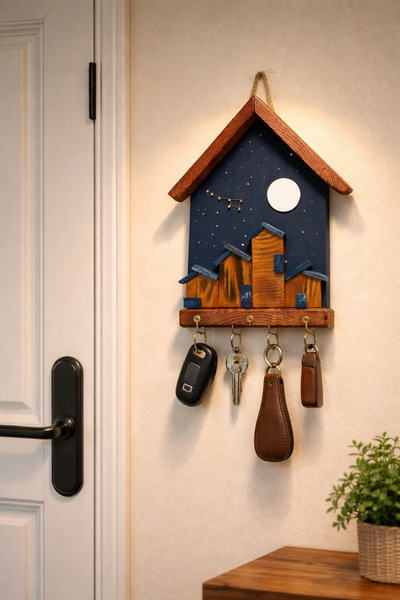 Anı_Atölye حامل مفاتيح جداري مزخرف بتصميم ليلي مع 3 خطافات 30×20