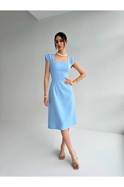 İZYA Women's Baby Blue Square Neck Pearl Detailed Midi Evening Dress