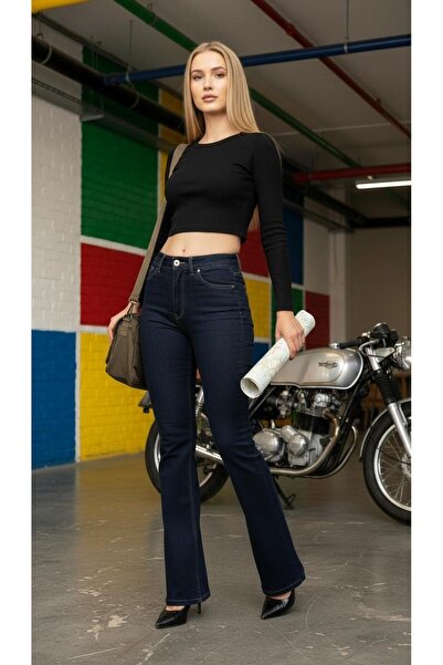 geenz manifacture Темно-сині іспанські штани з високою талією, з еластичною л...