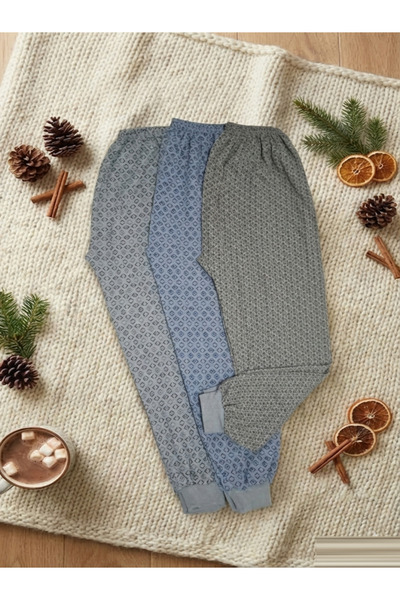 Modaley Giyim 3-Piece Men's Winter Cuffed Pajama Bottoms Gray and Blue Geomet...