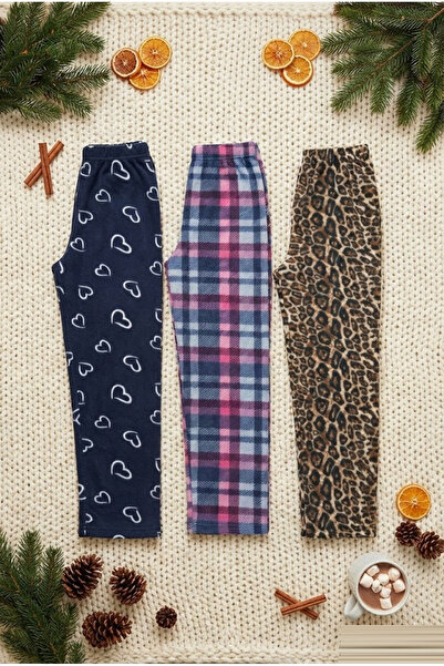 SİERNA Women's 3-piece winter fleece pajama bottom set - navy heart, pink pla...