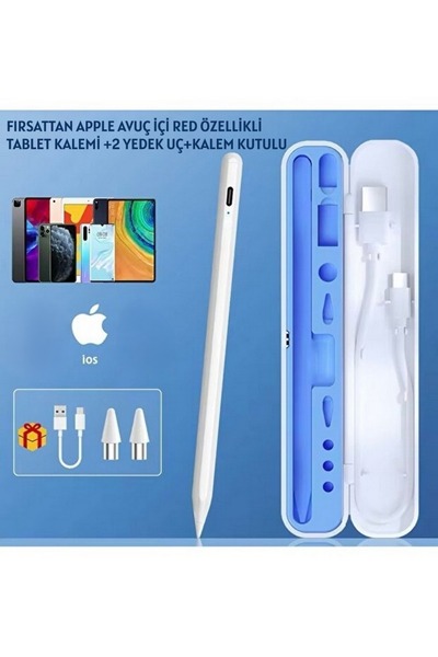 FIRSATTAN iPad Uyumlu Avuç İçi Red Tablet Kalemi ,USB-C Şarjlı,2 Yedek Uç + K...