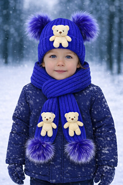 ues Cobalt Tricot Scarf with Bear and Pompoms